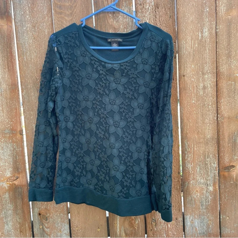 ADRIANNA PAPELL Women’s Lace Deep Teal Long Sleeve Shirt Small